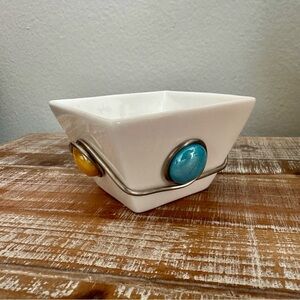 White Square Bowl Porcelain Wire Wrapped With Vibrant Accents Colorful Stones